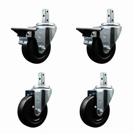 SERVICE CASTER 4'' Hard Rubber Wheel Swivel 7/8'' Square Stem Caster Set 2 Brakes, 4PK SCC-SQ20S414-HRS-PLB-78-2-S-2